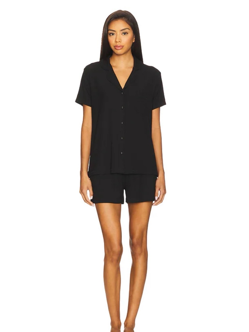 Short Sleeve Black Button-Front Pajama Set